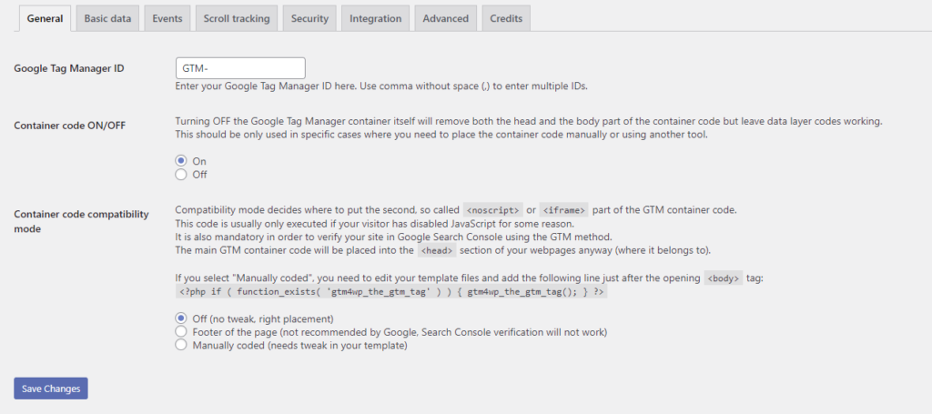 Image that shows where to enter Google Tag Manager Id in GTW4WP