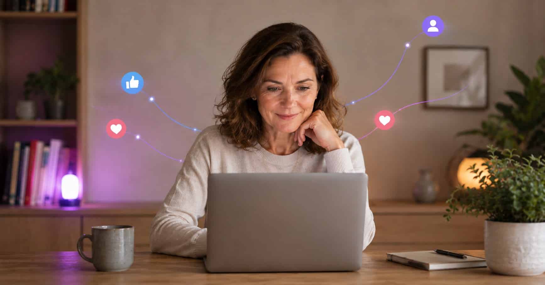 Woman focusing on one glowing screen among many dim devices — social media strategy for solopreneurs