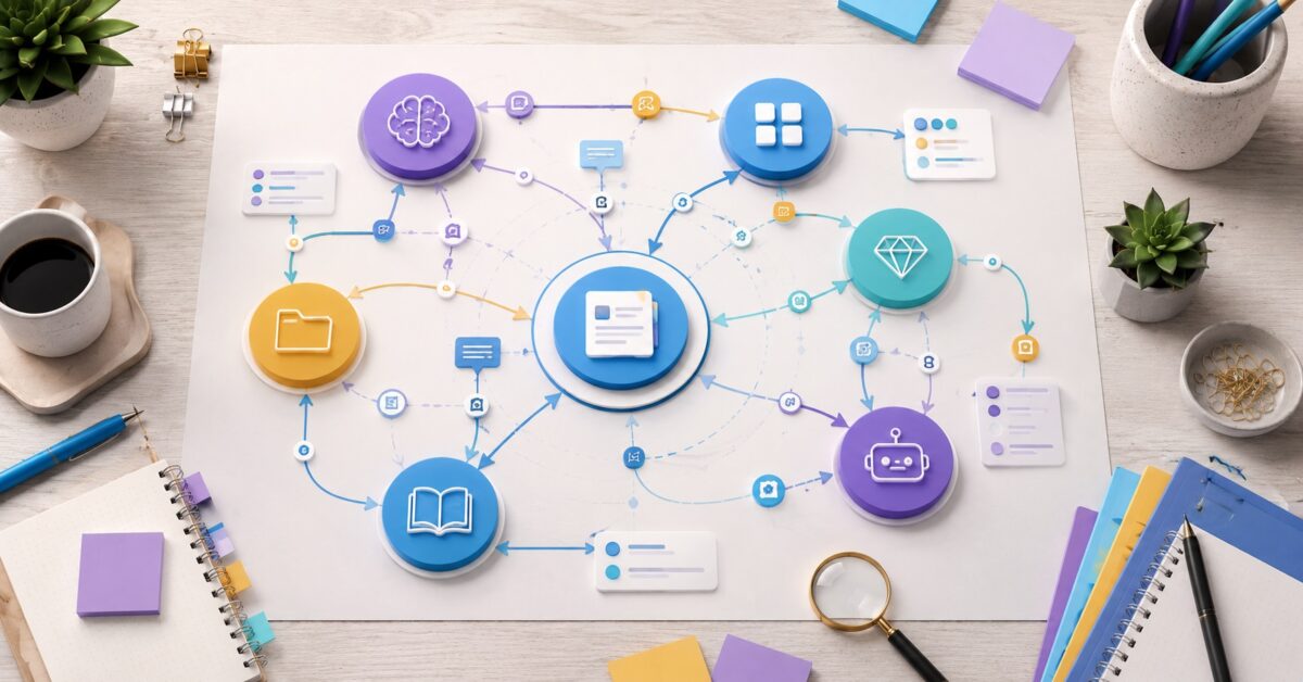 Illustration showing how AI tools such as memory, GPTs, Gems, Projects, NotebookLM, and AI agents connect within the modern AI ecosystem for small businesses.