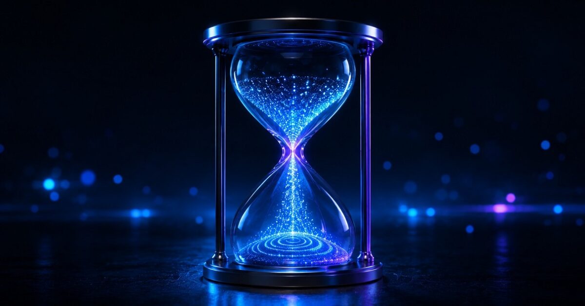 Futuristic hourglass with glowing blue and purple light particles flowing between chambers, symbolizing time transforming into focus