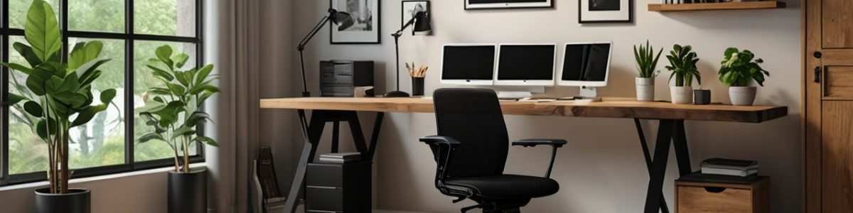 A cozy remote work environment with three monitors and an executive chair